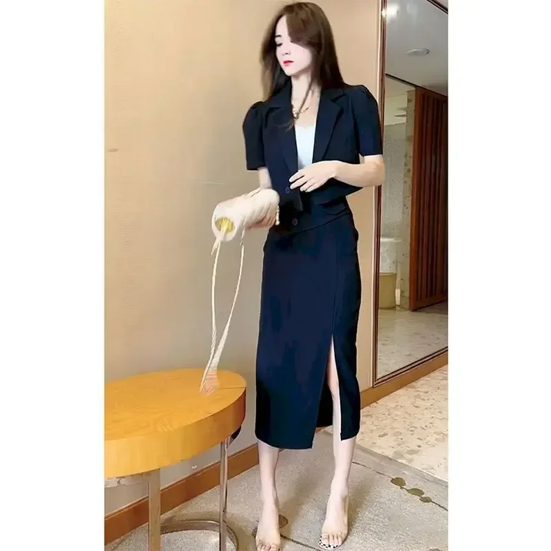 

UNXX Office Lady Commute Skirt Suits Summer Women Single Breasted Short Sleeve Blazers + High Waist Split Skirt Two Piece Sets