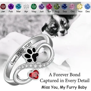 

Personalized Pet Paw Infinity Ring - Custom Heart Birthstone & Name Engraving, Memorial Jewelry for Cat/Dog Lovers