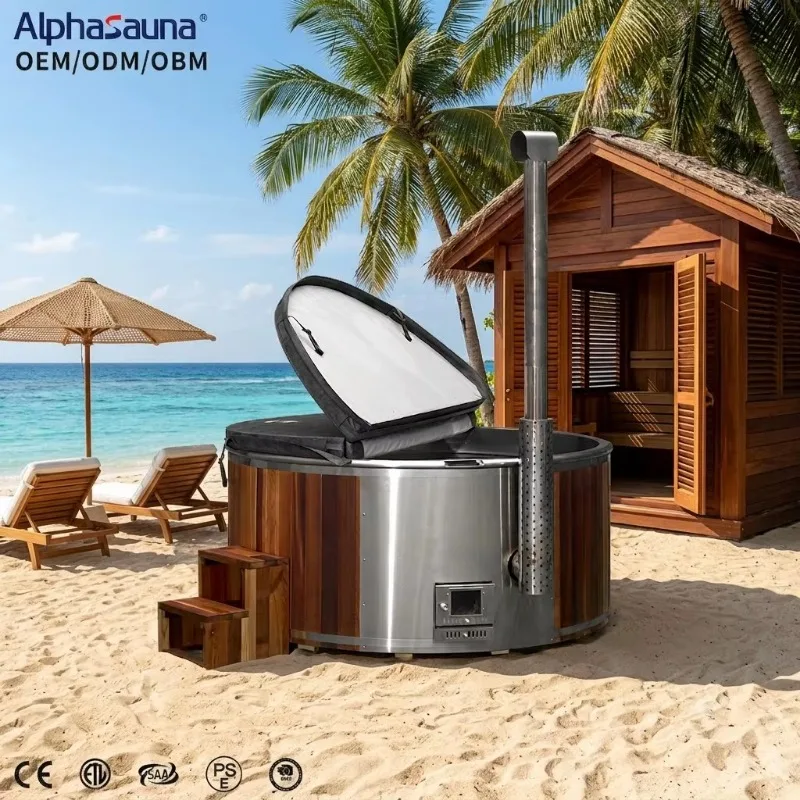 Luxury Outdoor Wooden Hot Tub Spa Tub Wood-fired Heating Stainless Steel Shell Smart Control Screen Factory Direct Sales