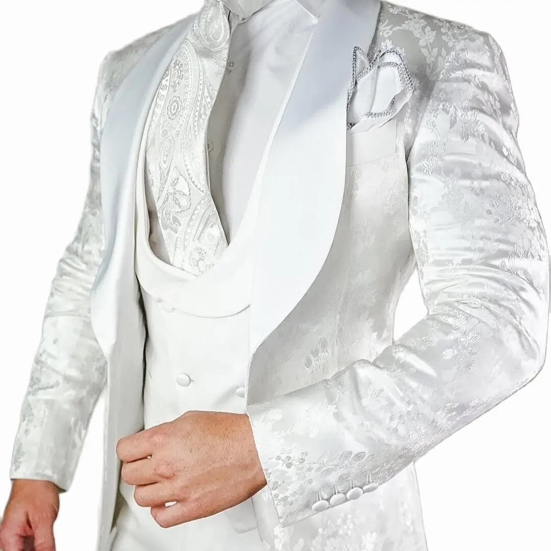 3 Piece White Floral Men Suits for Wedding 2024 Groom Tuxedo Slim Fit Suit Satin Shawl Lapel Custom Male Fashion Costume Homme