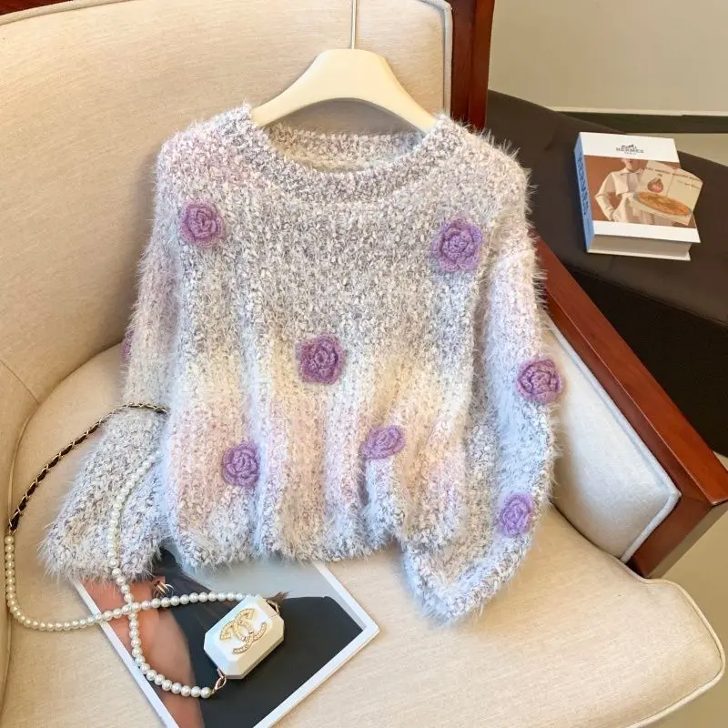 Versatile Gentle Gradient Handmade Flower Sweater for Autumn and Winter, Sweet and Age Reducing Warm Knit Sweater for Women
