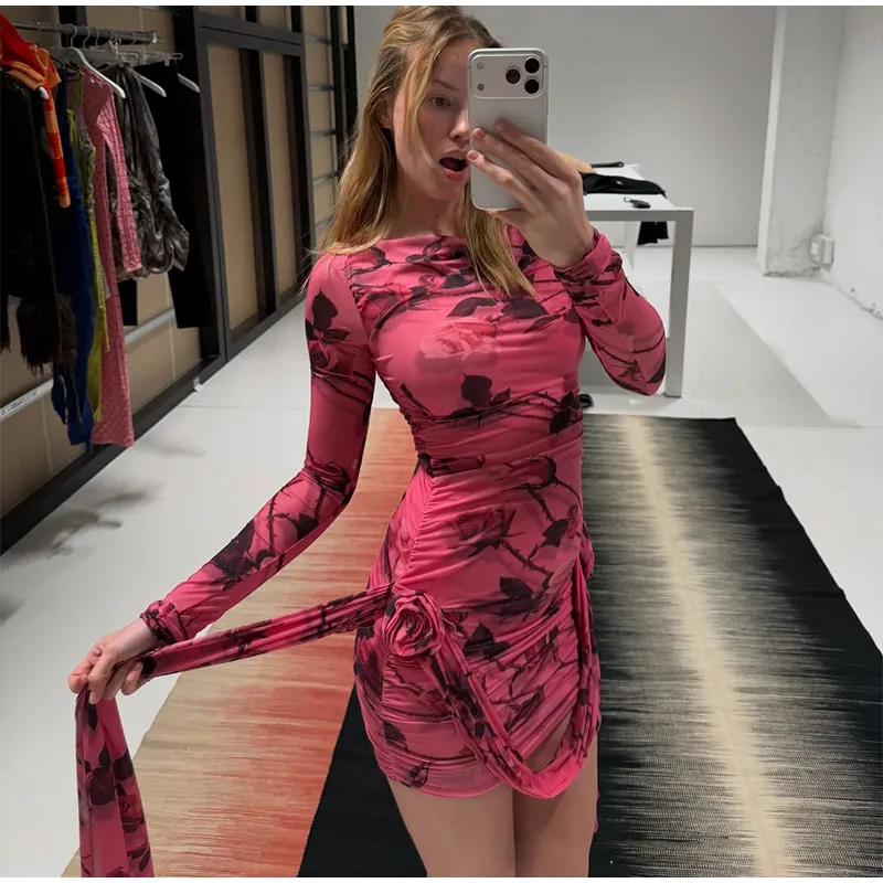 Damen Rosa Rosen-Print Transparentes Mesh-Minikleid Schulterfreies Langarm-Kleid mit Raffungen und Seitlicher Schnürung Sexy Party-Clubwear – Detail 14