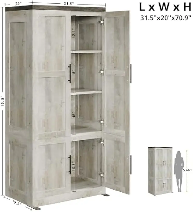 Large Wardrobe Closet, Farmhouse Clothing Storage Cabinet with Hanging Rod and 2 Doors, Wooden Tall Bedroom Armoires with Storag