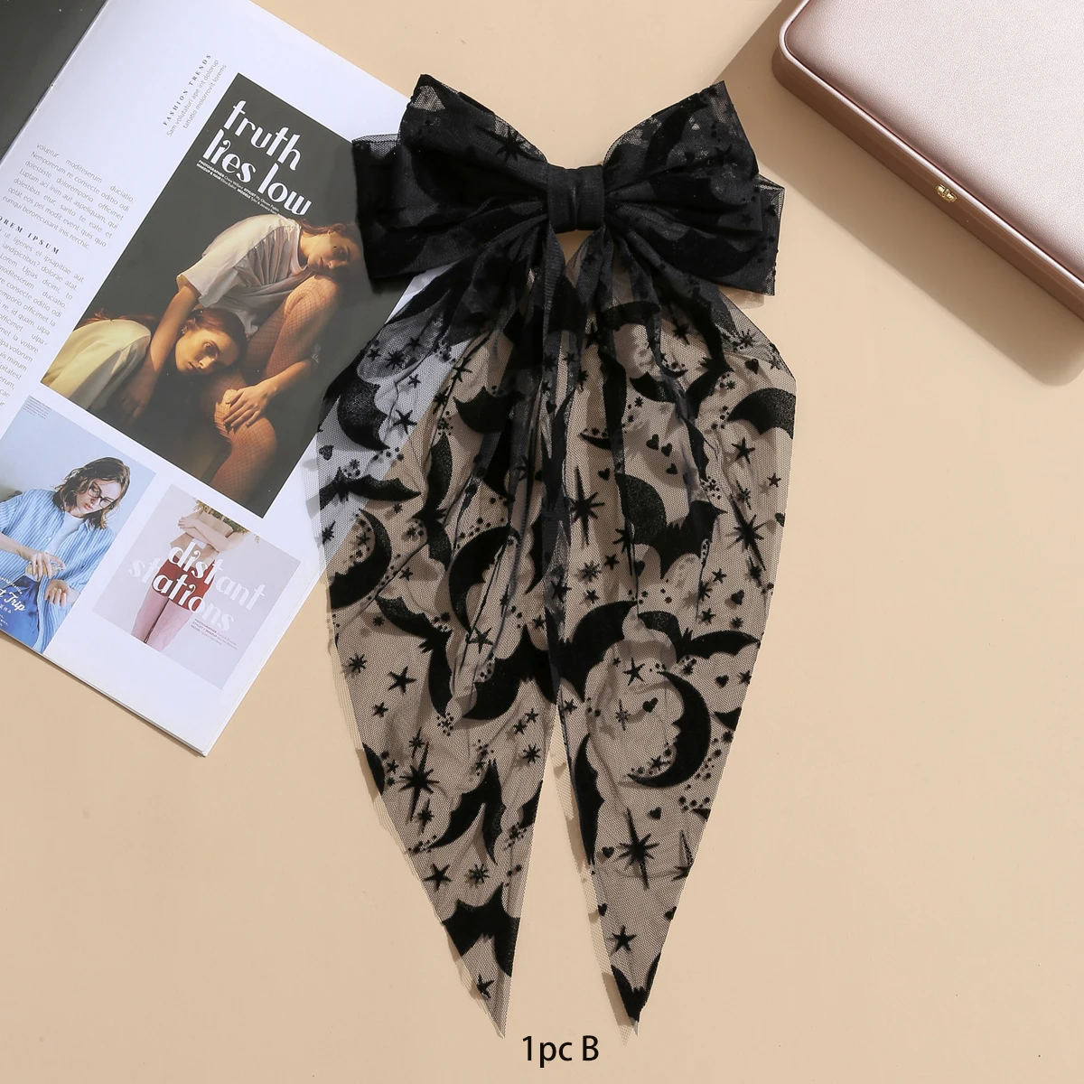 1pc Spider Web Bat Skull Black Mesh Veil Halloween New Bow Hairpin Hair Accessory Temperament Versatile Spring Clip view 4