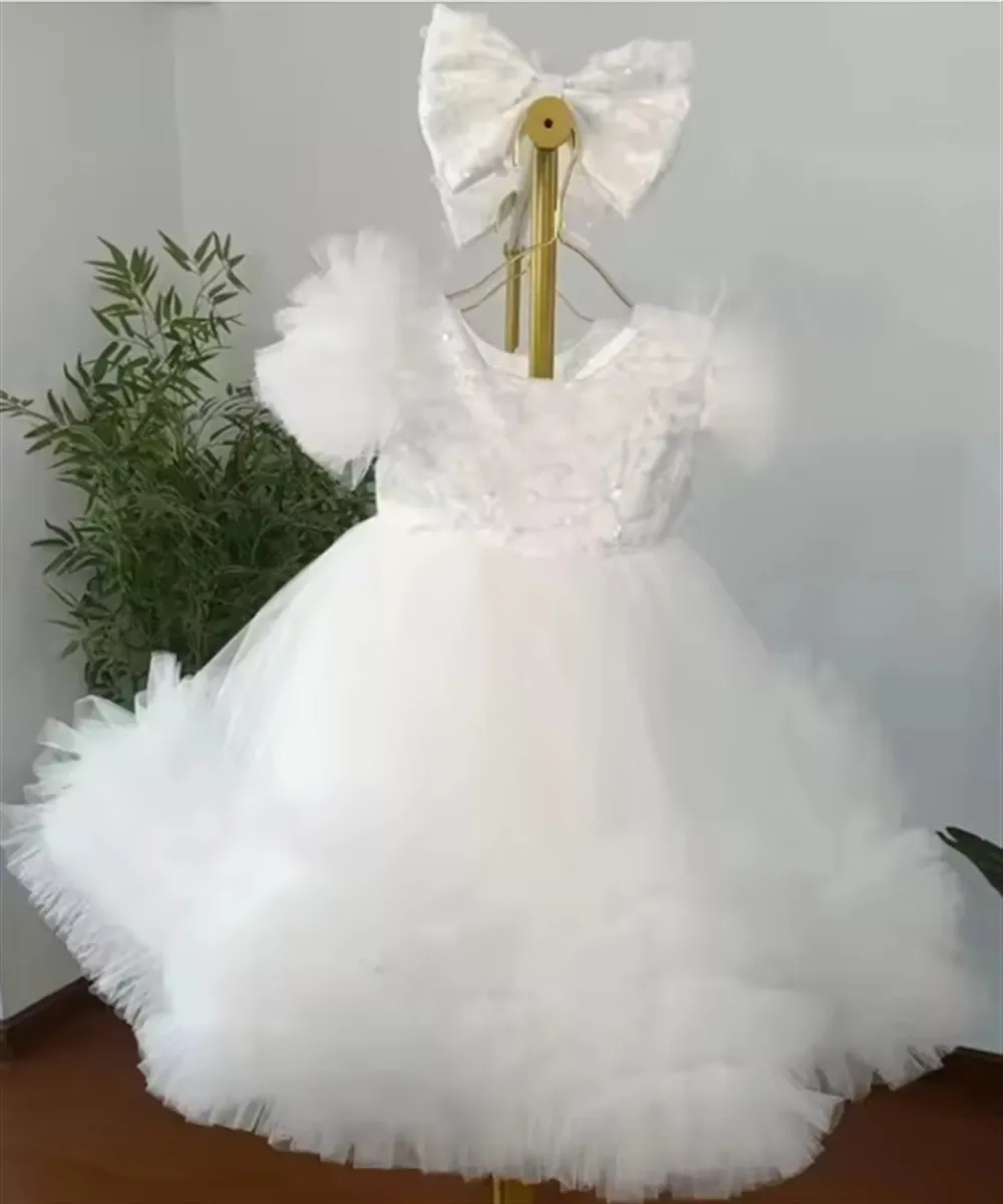 Vestido de niña de flores personalizado de lujo para boda, apliques amarillos con lazo, manga corta, vestido de comunión para graduación de cumpleaños