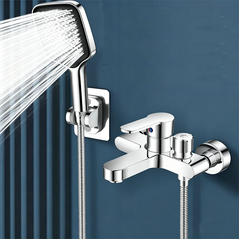 Brass Shower Mixer Tap, Dual Outlet, Adjustable Center Distance, with 3-Mode Handheld Shower & Accessories