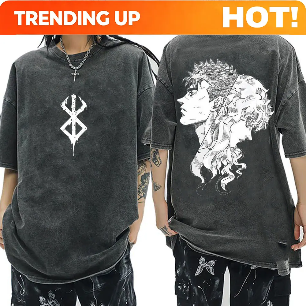 Customization Anime Berserk Guts Swordsman Griffith Vintage Washed T-shirts Men Women Cotton Casual Oversized T-Shirt Fashion Co