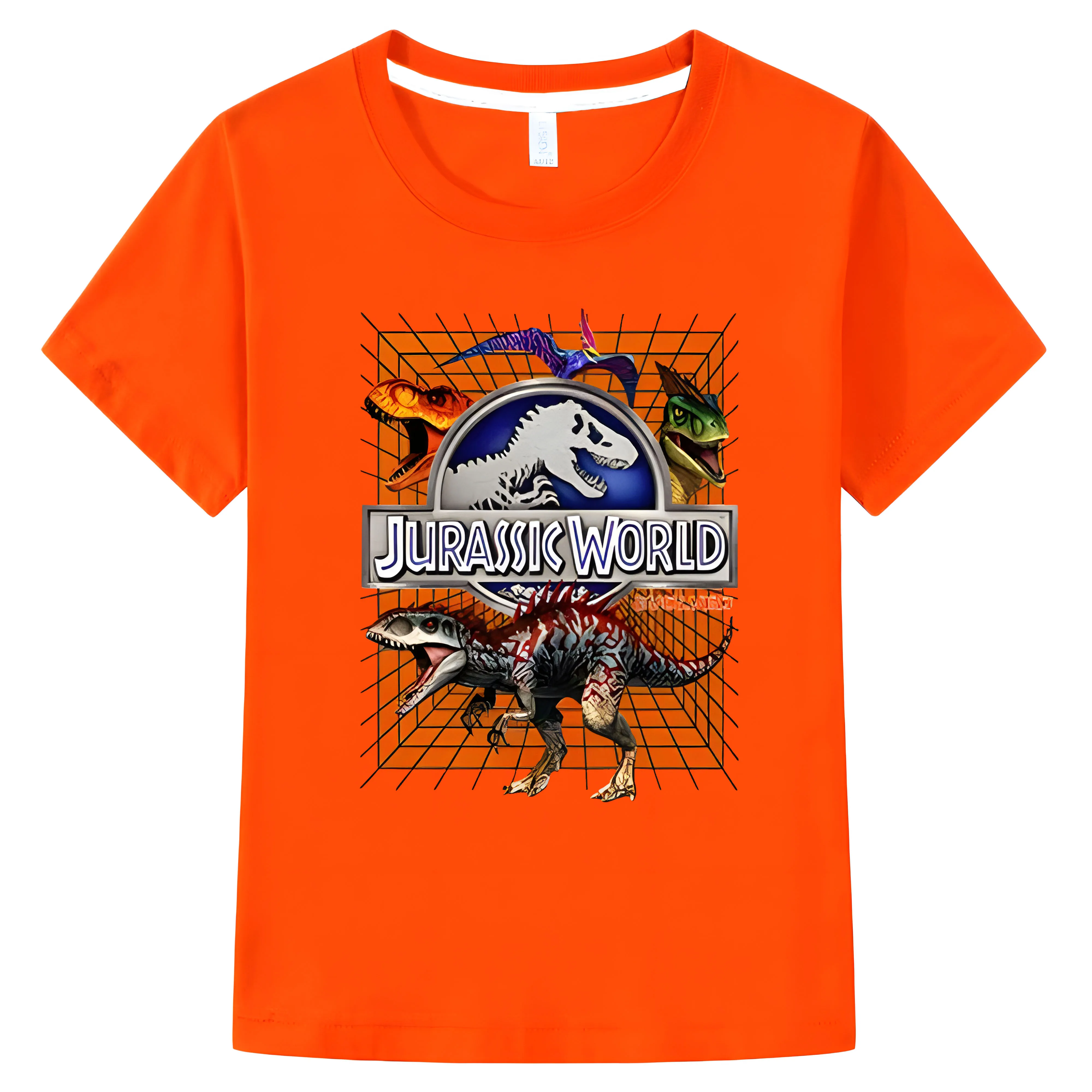 Boy Girl Jurassic World Evolved Dino Grid T-Rex T-Shirts Summer Cotton Short Sleeves Children Casual Clothing Baby Kids Tops