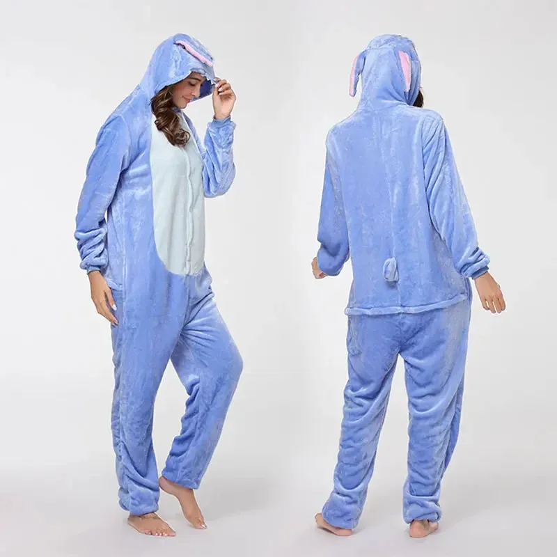 Adults Kigurumi Onesie Couple Flannel Sleepwear Unisex Stitch Cartoon Animal Pajamas Set Winter Warm Flannel Hooded Pajama Women