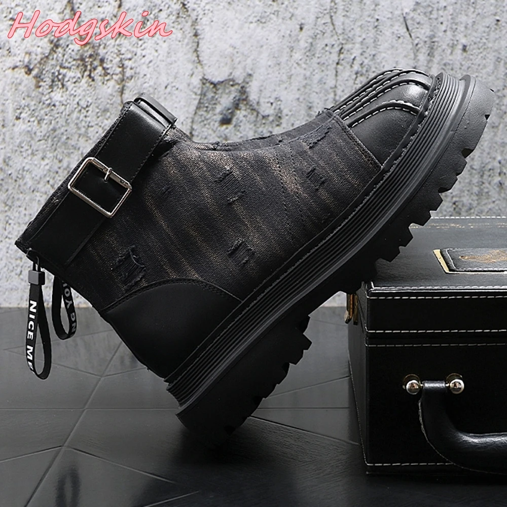 Denim Splicing Men Short Boots Round Toe Mixed Colors Metal Square Buckle High Top Flats Boots Autumn Design Men Ankle Boots