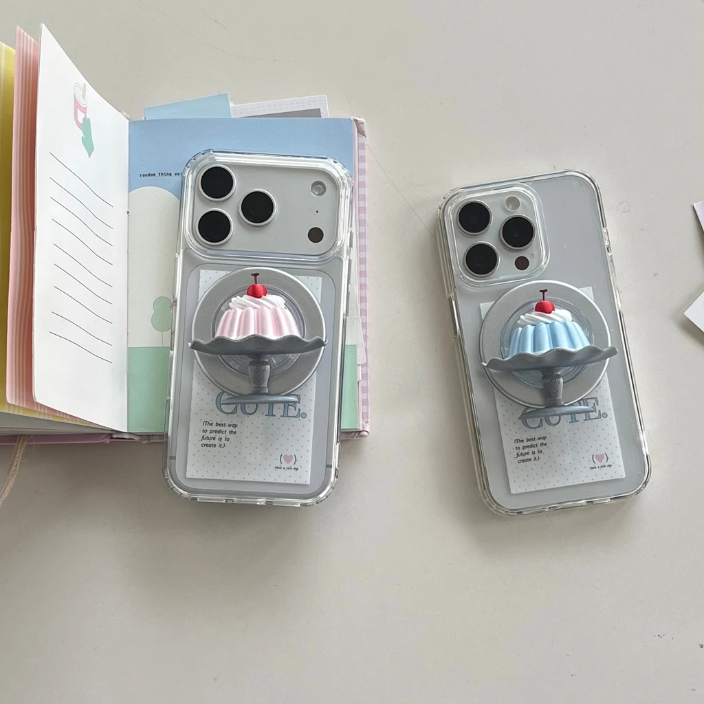 

Creative 3D Cherry Pudding Dessert With Holder Magnetic Wireless Charging Phone Cover Case for iPhone 17 16 15 14 Pro Max