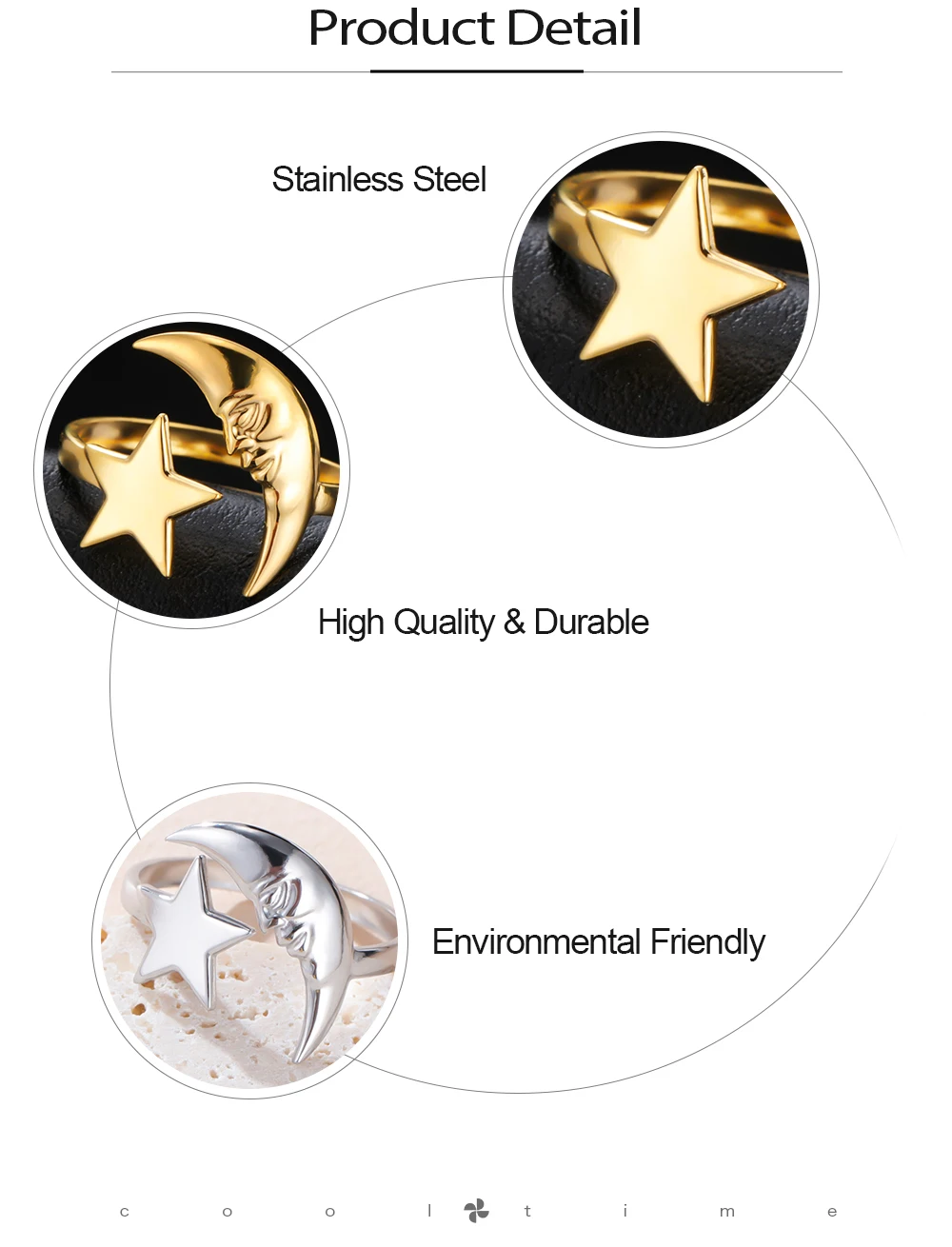 COOLTIME Star Moon Ring for Women Stainless Steel Trendy Minimalist Open Waterproof Ring Jewelry Gift New