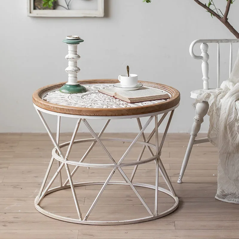 Almacenamiento de hierro forjado antiguo retro francés, mesa redonda pequeña, sala de estar, dormitorio, almacenamiento, café pequeño