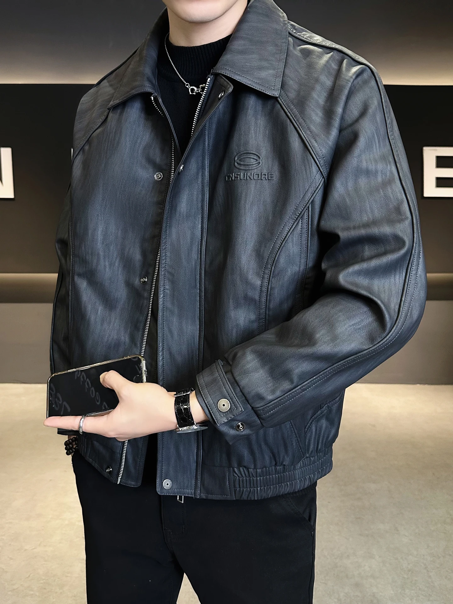 

Slim Fit ort Leather Jaet for Men Trendy Brand Turn-down Collar Versatile High-end Feel Cool ort Sle Casual irt