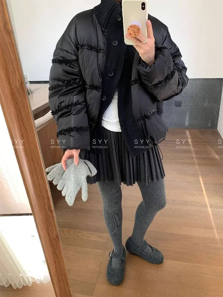 겨울 신상 스탠드 칼라 스플라이싱 니트 다운 재킷 여성용 숏 패션 만능 출퇴근용 두꺼운 따뜻한 코트