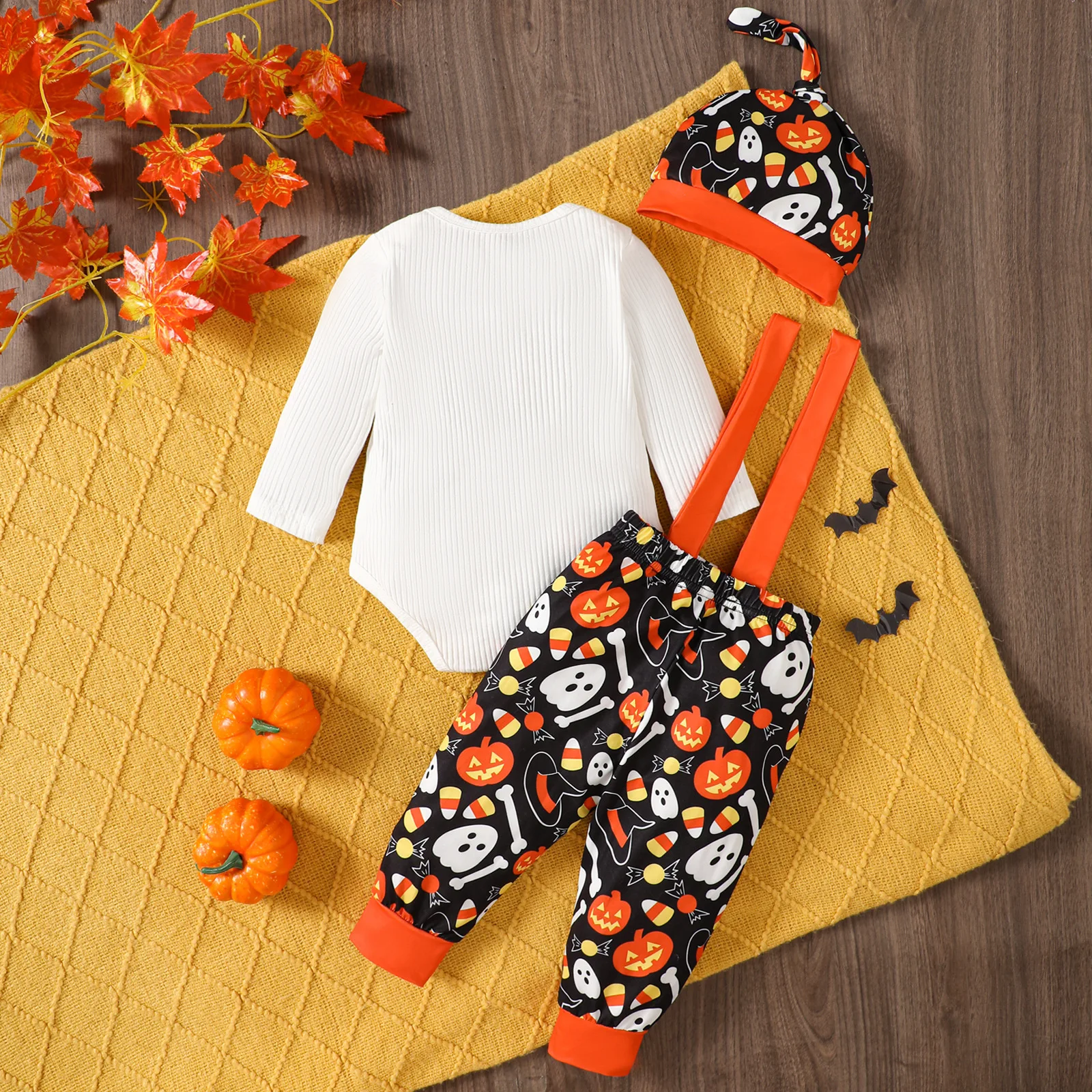 3 6 12 18 Months Baby Boys Autumn 3PCS Halloween Costume Cartoon Ghost Print Romper Pant Hat Set Toddler Photography Clothes