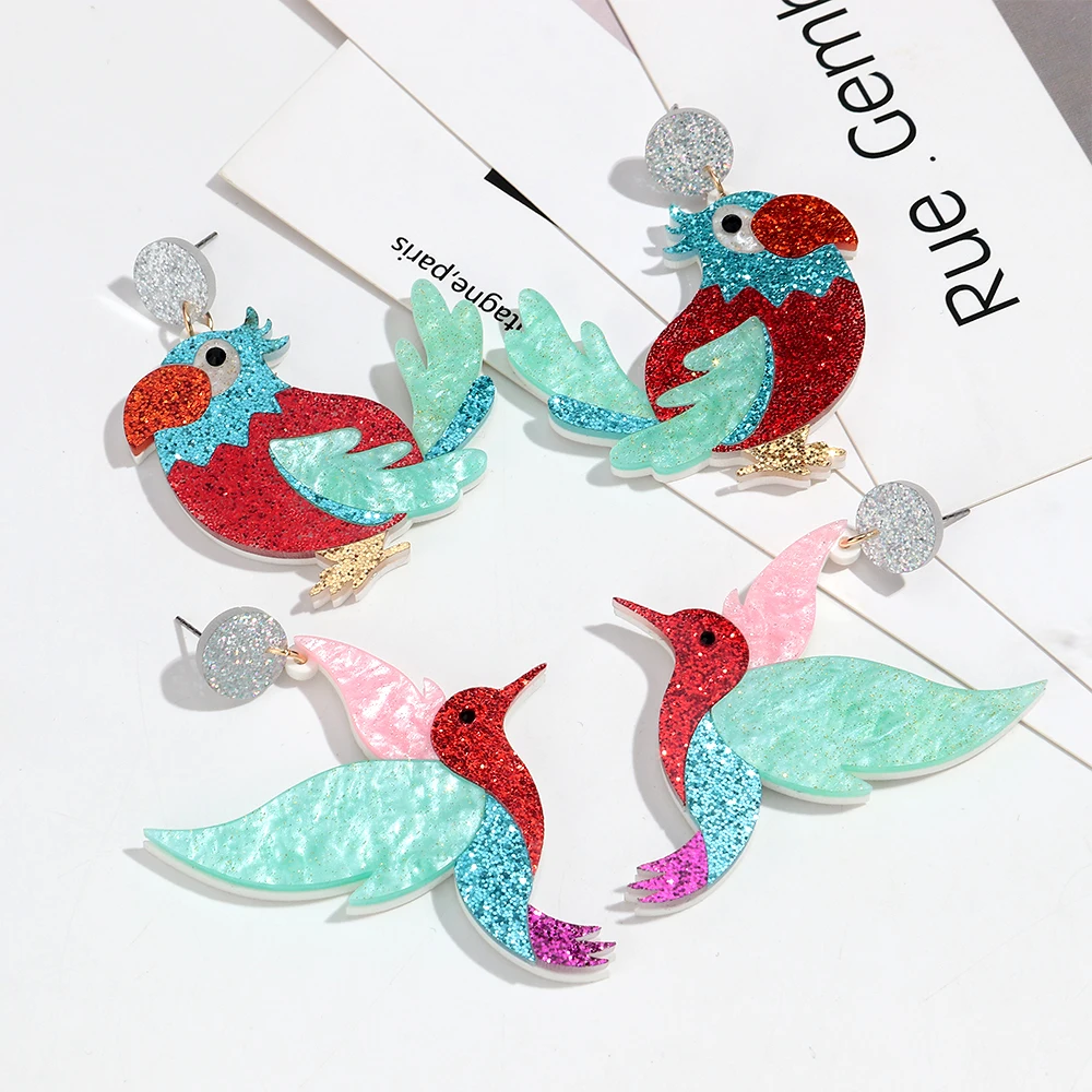 Funny Glitter Acrylic Bird Parrot Big Drop Earrings Cute Colorful Cartoon Animals Pendant Earring for Women Party Jewelry Gifts
