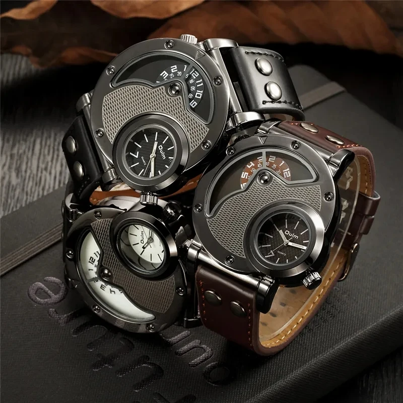 Vintage Sports Wristwatch Two Time Zone Sports Wristwatch Army Men\'s PU Leather Strap Antique Designer Quartz Watch Male Clock