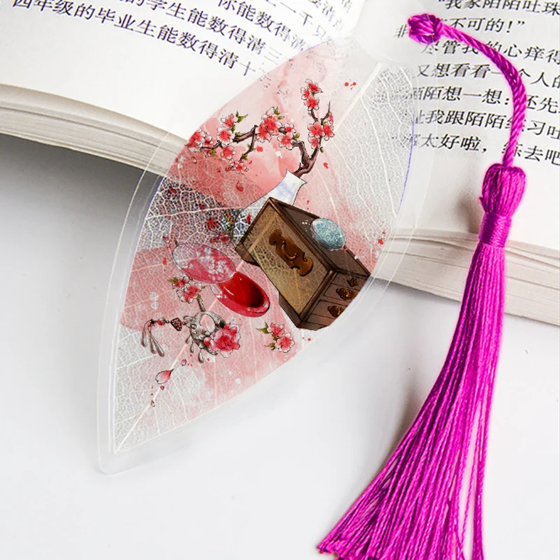 Chinese Style Leaf Vein Bookmark Pink Girl Heart Antique Landscape Bookmark Office School Student Gift Stationery Supply