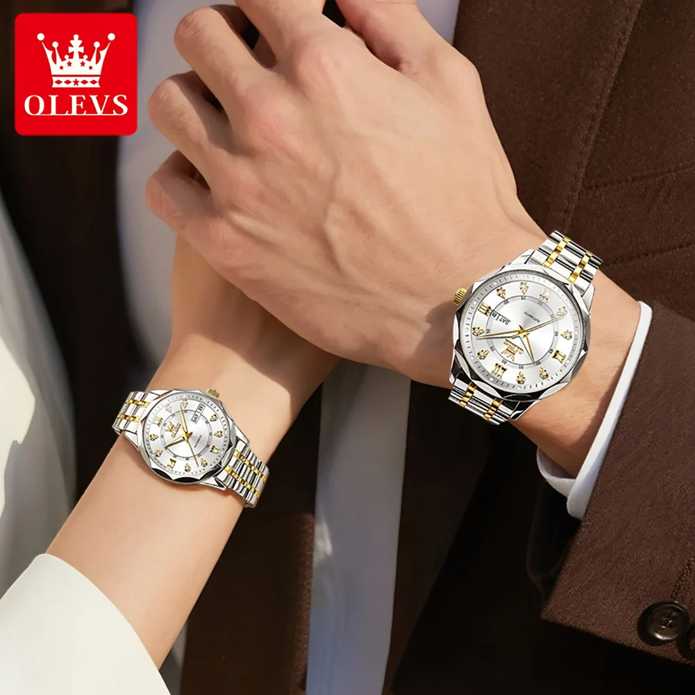 OLEVS Couple Watches 6727cp 2pcs Luxury Fashion Original Automatic Mechanical Watch for Lover Waterproof Luminous Date Week New