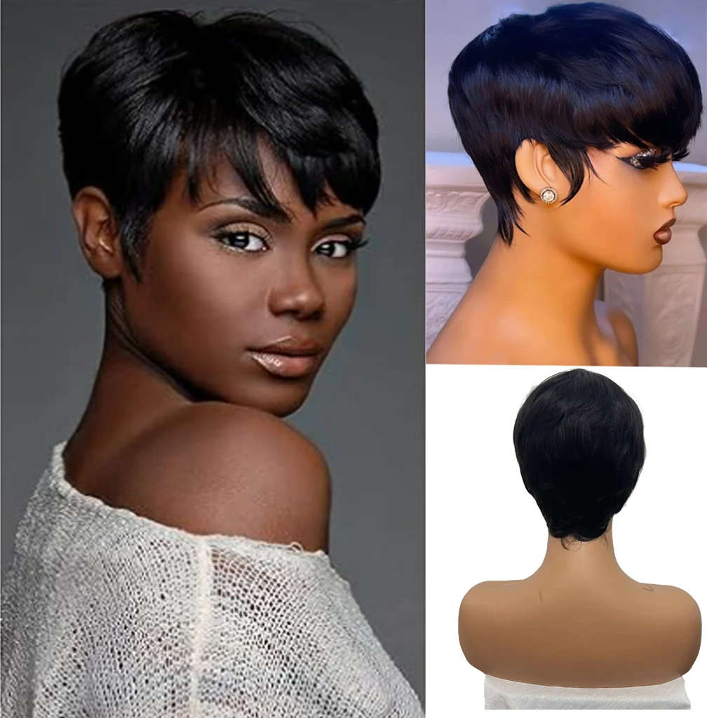 Korte Pixie Cut Remy Human Hair Pruiken Klaar Om Lijmloze Rechte # 1b #27/#4/# 99j Colord Full Machine Gemaakte Bob Pruik Met Pony Te Dragen