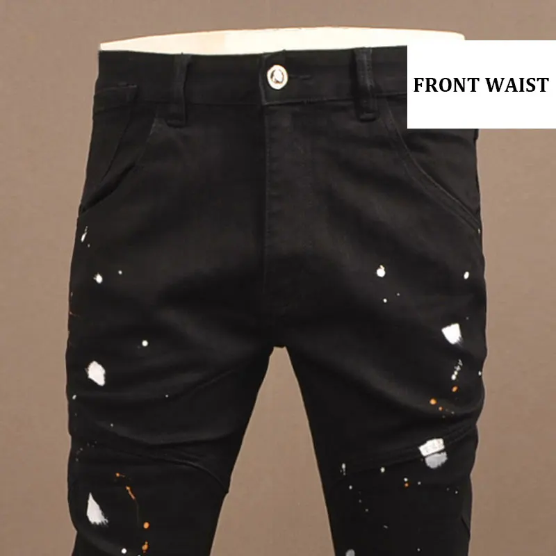 

High Street Designer Модные мужские джинсы Черные эластичные облегающие рваные джинсы с окраской Мужские джинсовые байкерские брюки с заплатками в стиле хип-хоп Hombre
