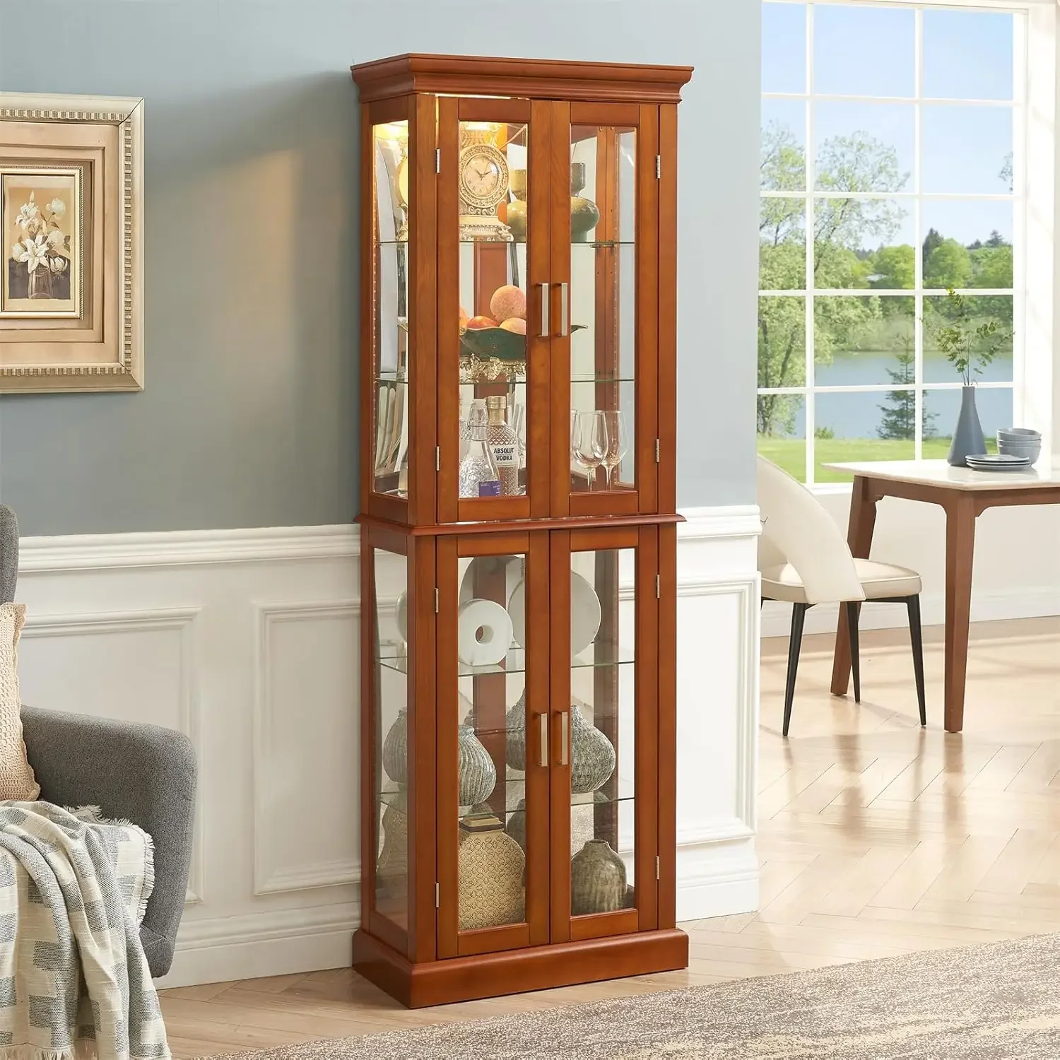 Curio Cabinet Lighted with Glass Doors Display Cabinet with Adjustable Shelves and Mirrored Back Panel Display Your Treasures