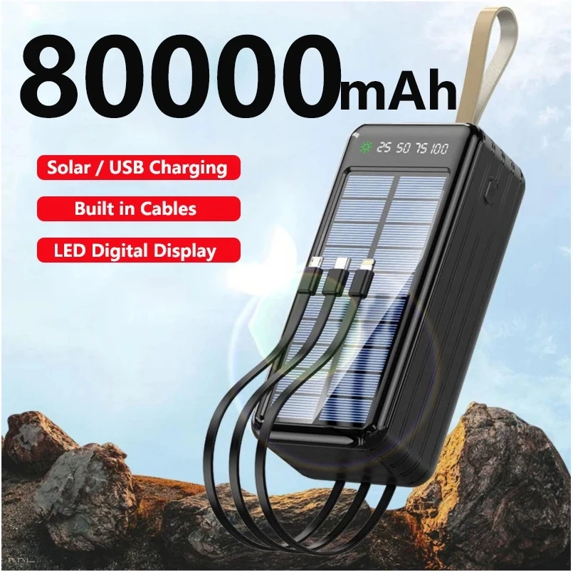 80000mAh Solar Power Bank Large Capacity External Battery Pack Portable Charger Powerbank Built Cables for iPhone Samsung Xiaomi