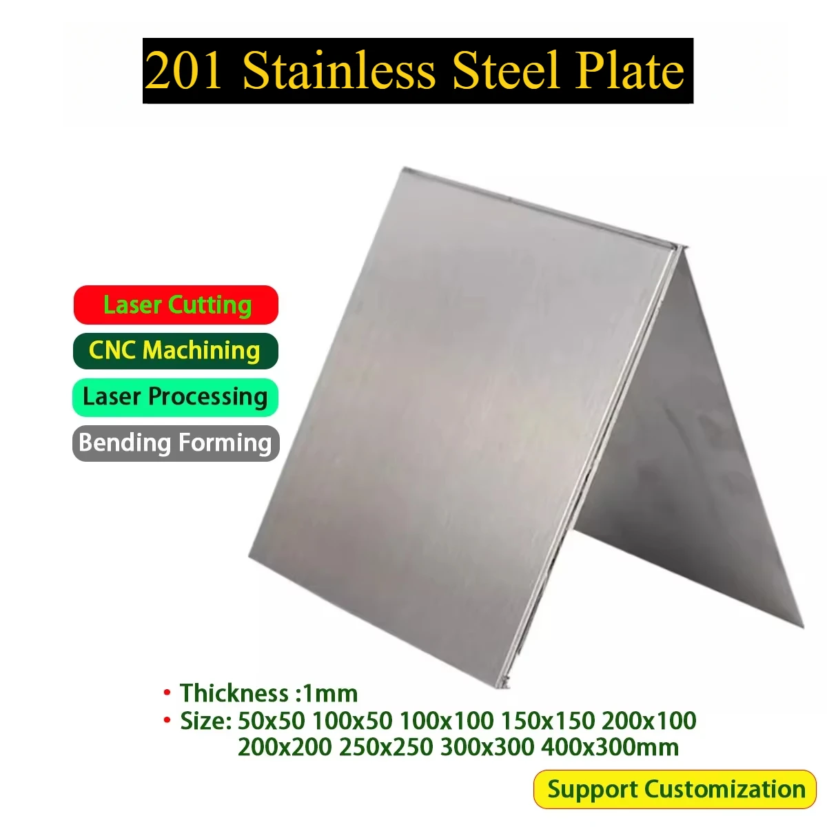 201 Stainless Steel Plate Square Steel Sheet Thik 1mm Size50x50 100x50 100x100 150x150 200x100 200x200 250x250 300x300 400x300mm