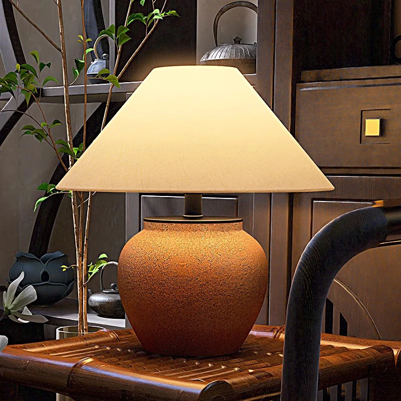 Wabi-sabi Style Living Room Table Lamp LED Pottery Ceramic Fabric Table Lamp Chinese Bedroom Lamp Table Home Decor Light