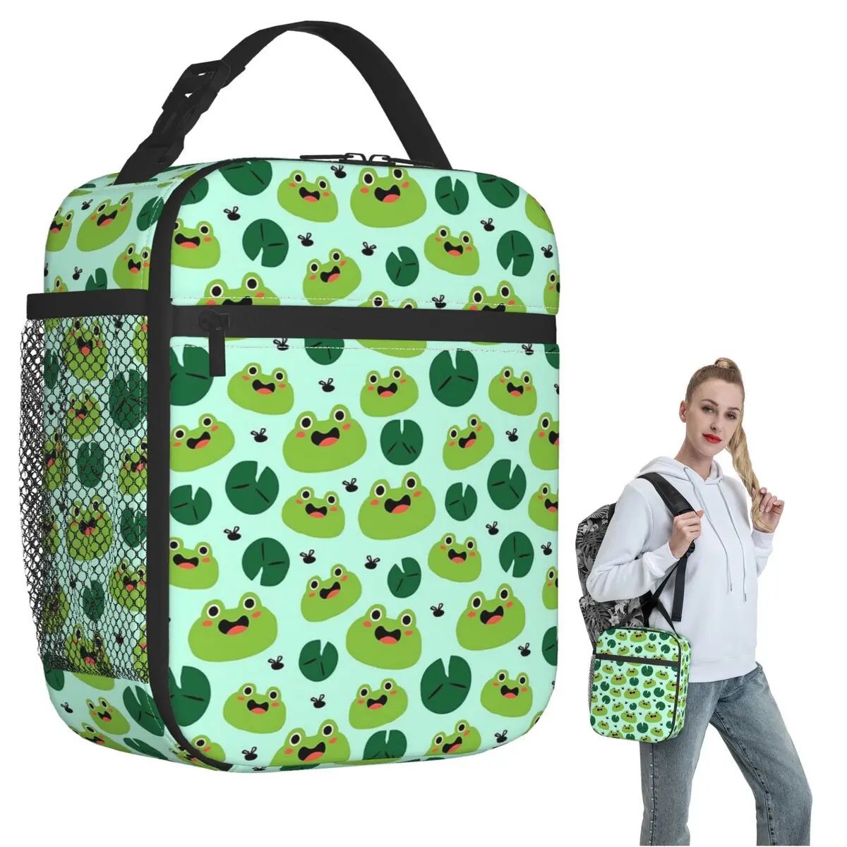 

Cartoon Cute Frog Pattern On Lotus Leaves Insulated Lunch Bag for Women Kids Leakproof Food Boxes Thermal Lunch Box Tote