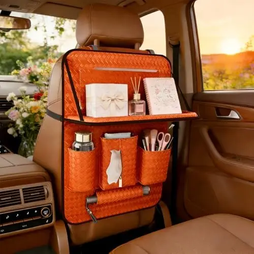 

Car Back Seat Organizer - Black Woven Leather, Tablet Holder, Durable Rear Seat Protector, 25.2" x 17.7"