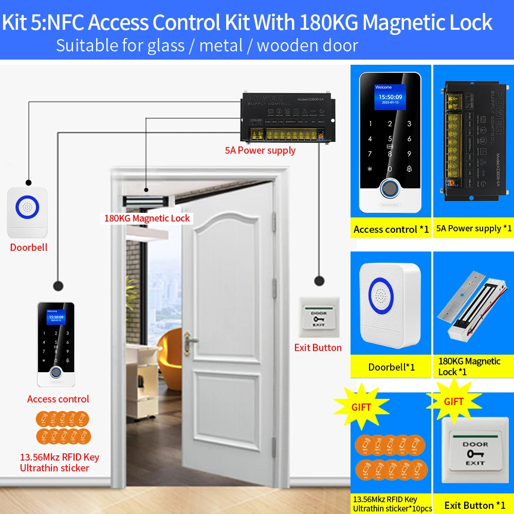 Whole Access Control System Kits Metal Keypad Electronic Gate Opener Home Digital Set Eletric Magnetic RFID Smart Door Lock Kit