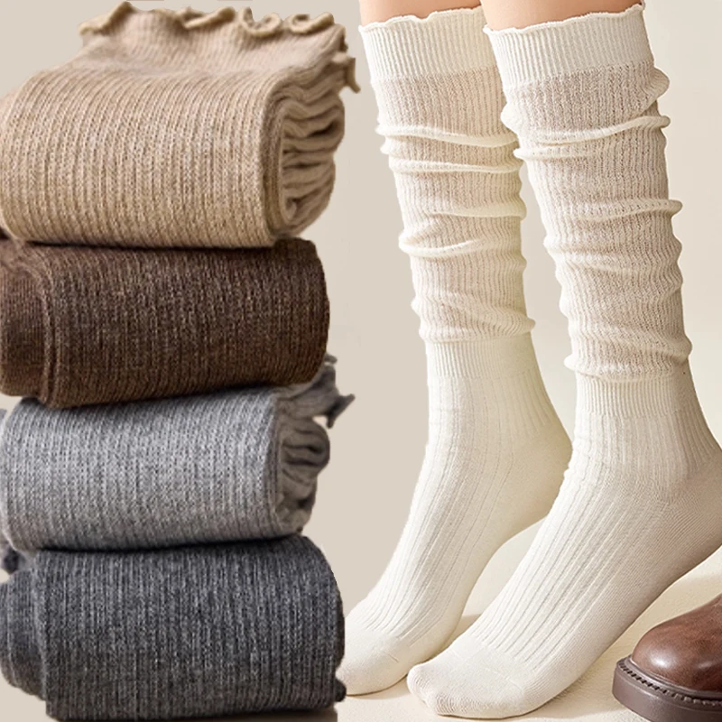 1 pair Spring Autumn Women Lace Ruffled Edge SocksLolita Solid Stockings Mid Length Socks Paired with Boots Small Leather Shoes