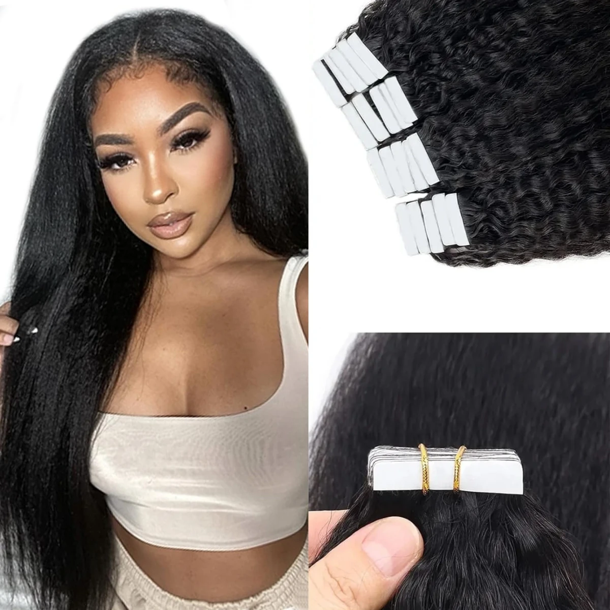 Tape In Extensions Kinky Straight Tape Ins Extensions Brazilian 100% Real Remy Human Hair Natural Black #1B Virgin Hair Tape Ins