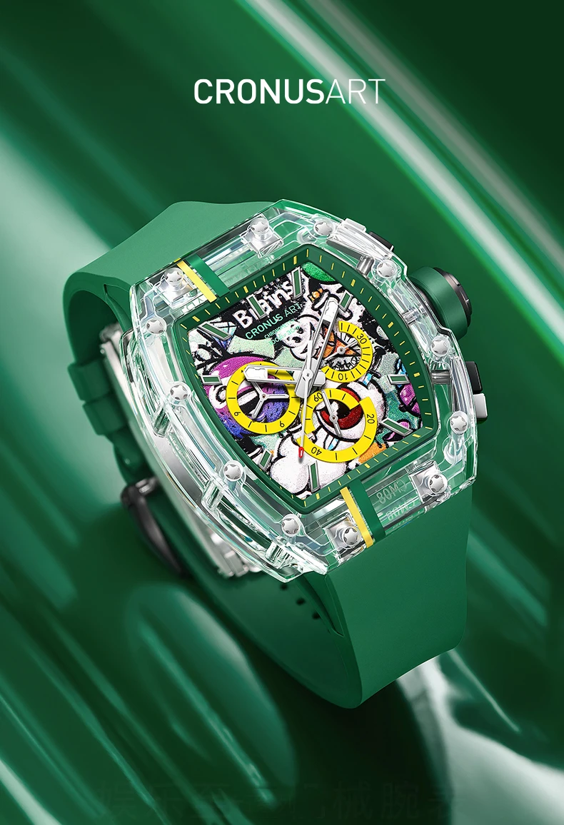 CRONUSART Orologio cronografo da uomo 50MM Tonneau Orologio da polso meccanico Cassa in zaffiro Cinturino in gomma fluorurata luminosa Grandi finestre triple