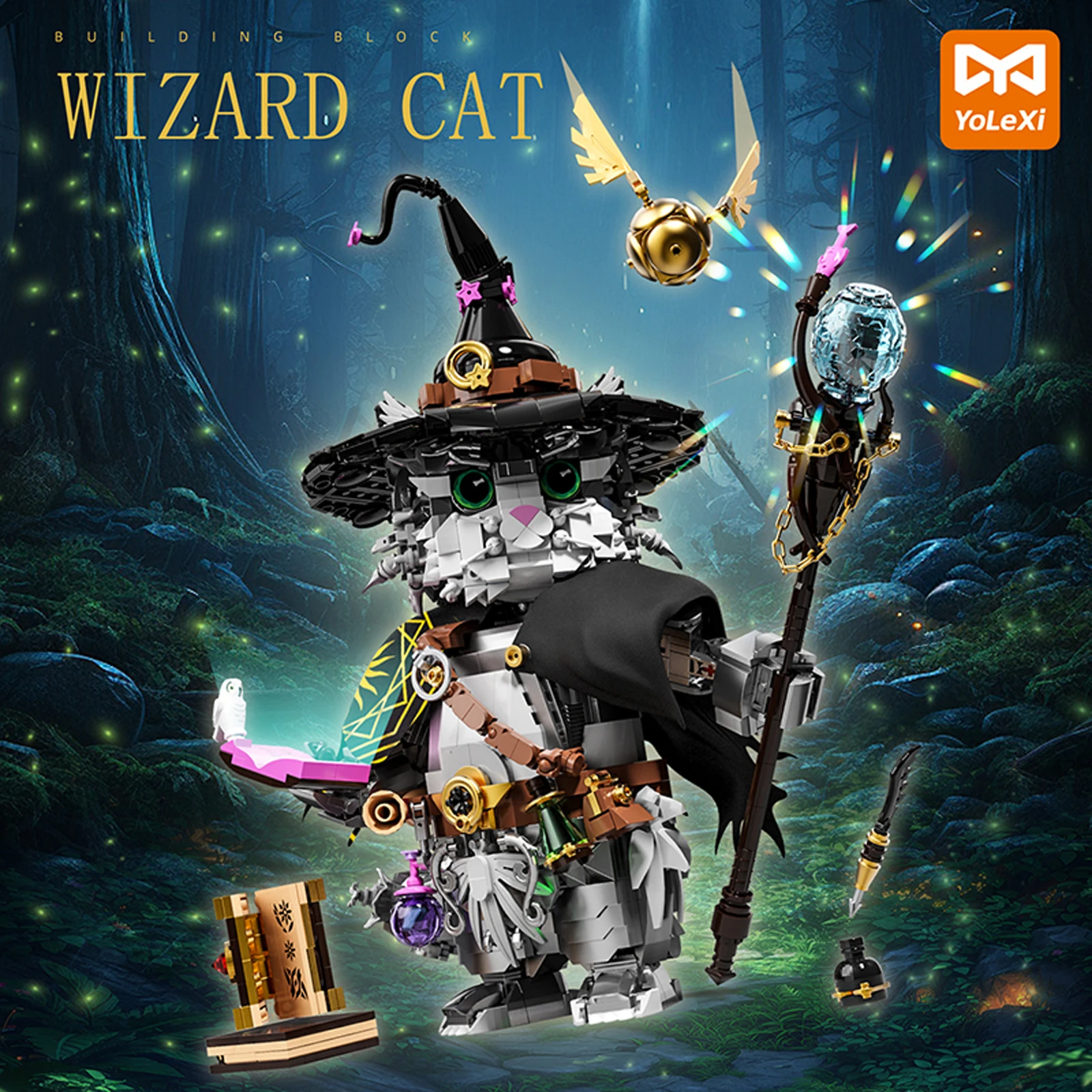 1458PCS Wizard Cat Building Blocks Magic Animal with Magic Wand Movable Joints Kids Educational Assembly Toys DIY Xmas Gift
