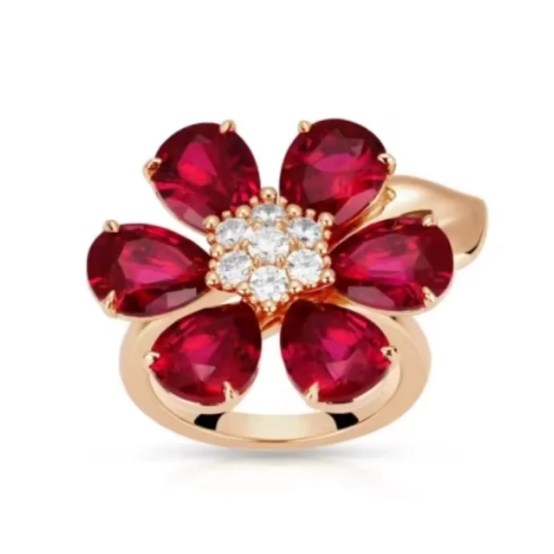 Bellux Exquisite Flower Shaped Ring Rose Gold Plated Red Oval Ruby Synthetic Gemstones Top Quality Zircon 925 Silver Rings