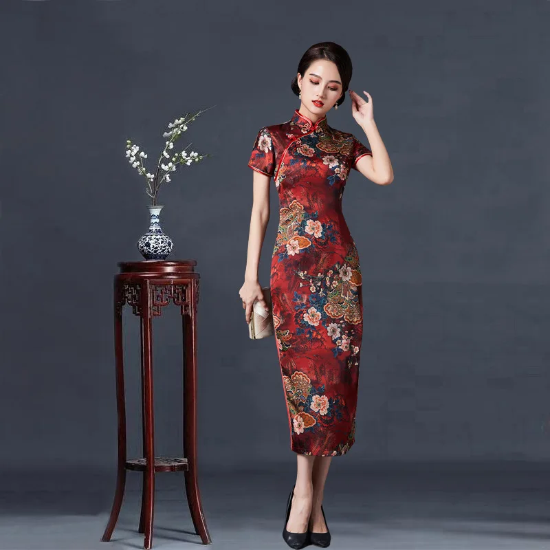 Women Sexy Slim Split Qipao Classic Chinese Traditional Dress Plus Size Vintgae Long Cheongsam Print Flower Evening Party Dress