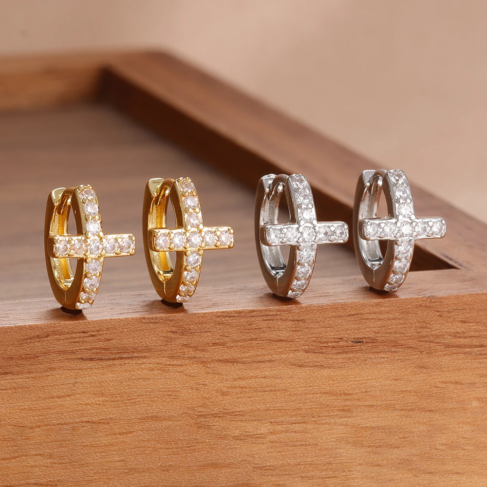 2PCS Exquisite Fashion Retro CZ Huggie Circle Zircon Cross Hoop Earrings For Women 14K Gold Plated Engagement Wedding Jewelry