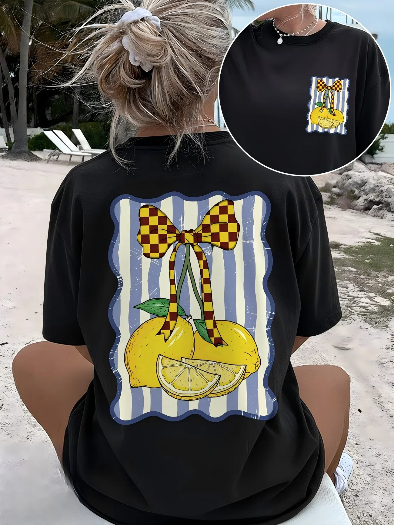 Lemon Bow Graphic T-Shirt Women Italian Summer Amalfi Coast Print Tee Vintage Aesthetic Harajuku Short Sleeve Casual Top