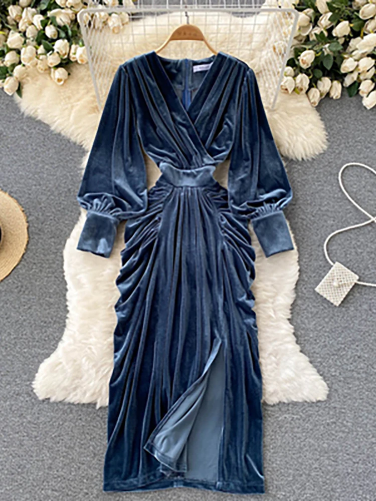 

Women Blue Draped Velvet Long Dress Elegant V-Neck Lantern Sleeve High Waist Party Robe Female Autumn Winter New Fashion