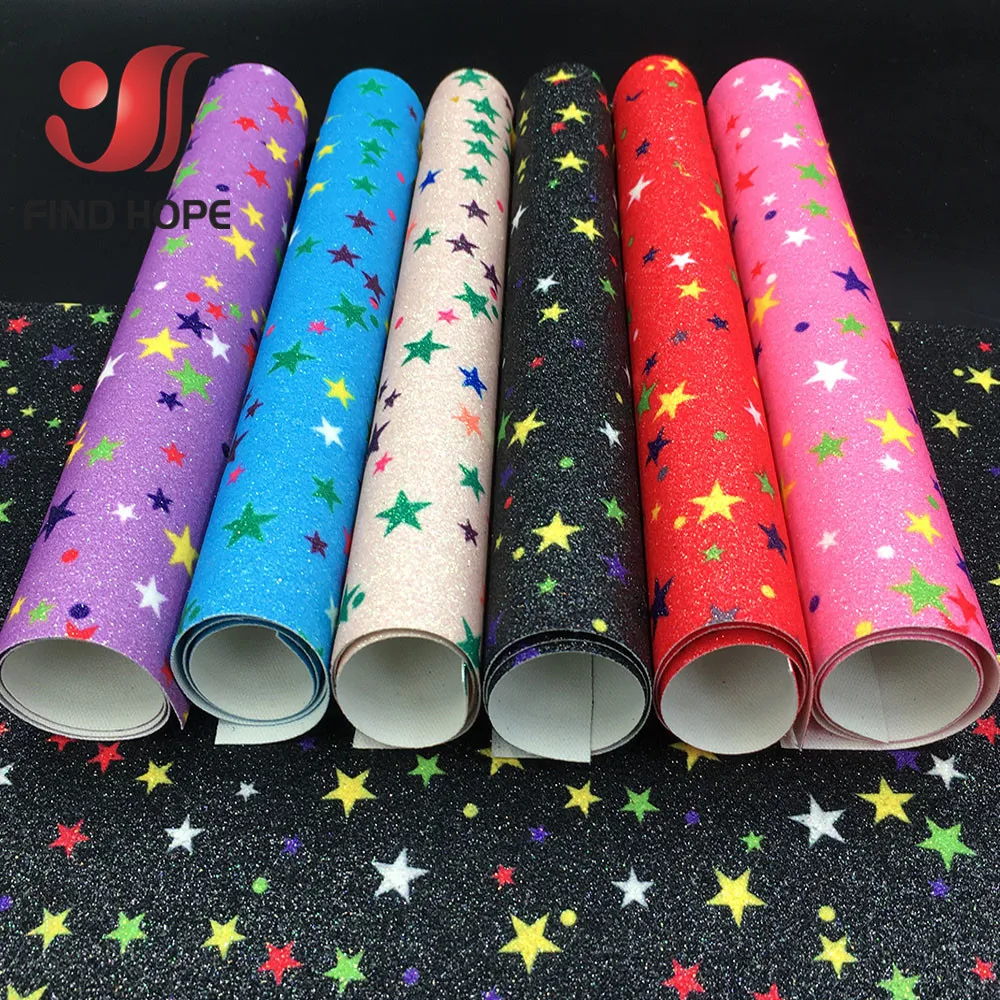 20x120cm Roll Sparkly Star Fine Glitter Floral Print Faux PU Leathere Fabric Bow Earring Making Craft DIY Material