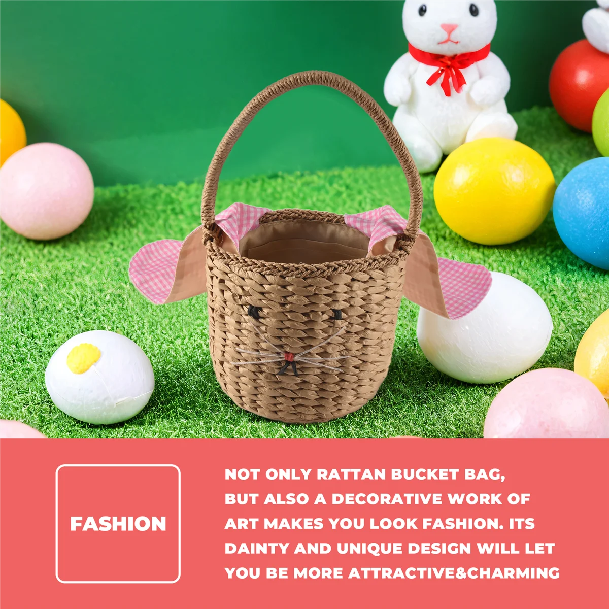 Borsa a secchiello in rattan UNCL per bambini e adulti, borsa in paglia da spiaggia, borsa a tracolla, borsa a mano con orecchie da coniglio