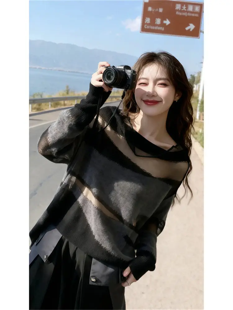 

Faionable Contrast Color Stripe Knitwear Spring New Arrival High-End Sensation Casual Sle Women's Sweater Medium Softn