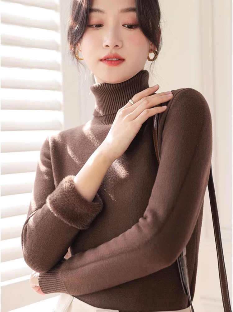 Half Turtleneck Sweater Winter Slim Thicken Knitwear Jumper Woman Soft Knit Pullovers Casual Plush Fleece Lined Warm Malhas Tops