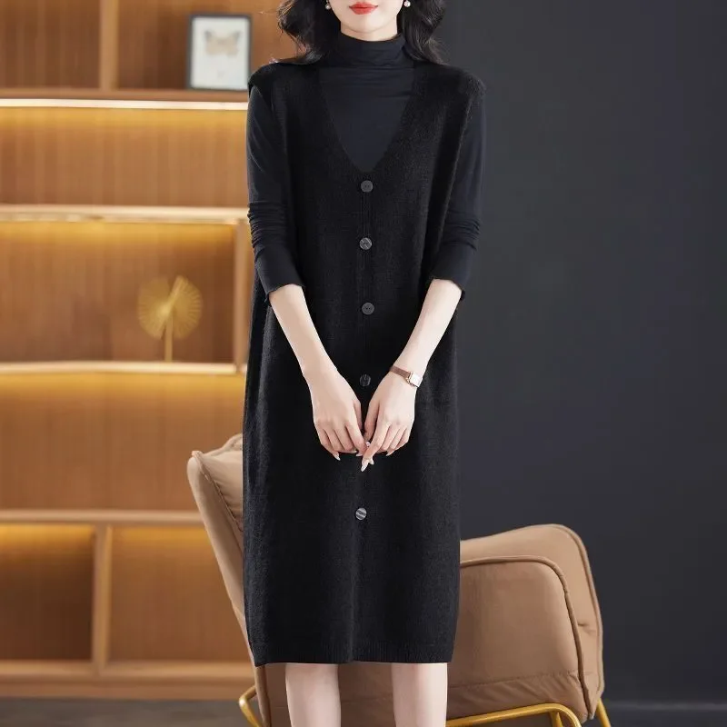 Rompi Rajut Panjang Sedang Model Oversize Cardigan Dress Sweater Vest Tanpa Lengan Longgar Baru