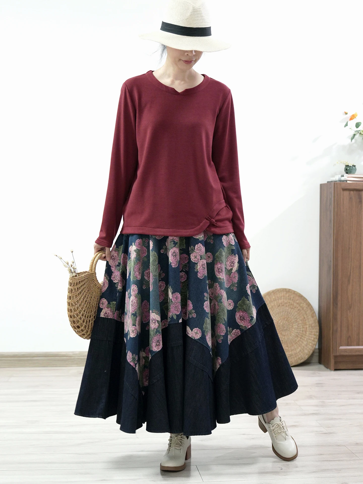 TIYIHAILEY Lange Maxi Frauen Elastische Hohe Taille Winter Herbst Denim Rock Dame Gedruckt A-Line Patchwork Schwarz Dicke Jeans 2025