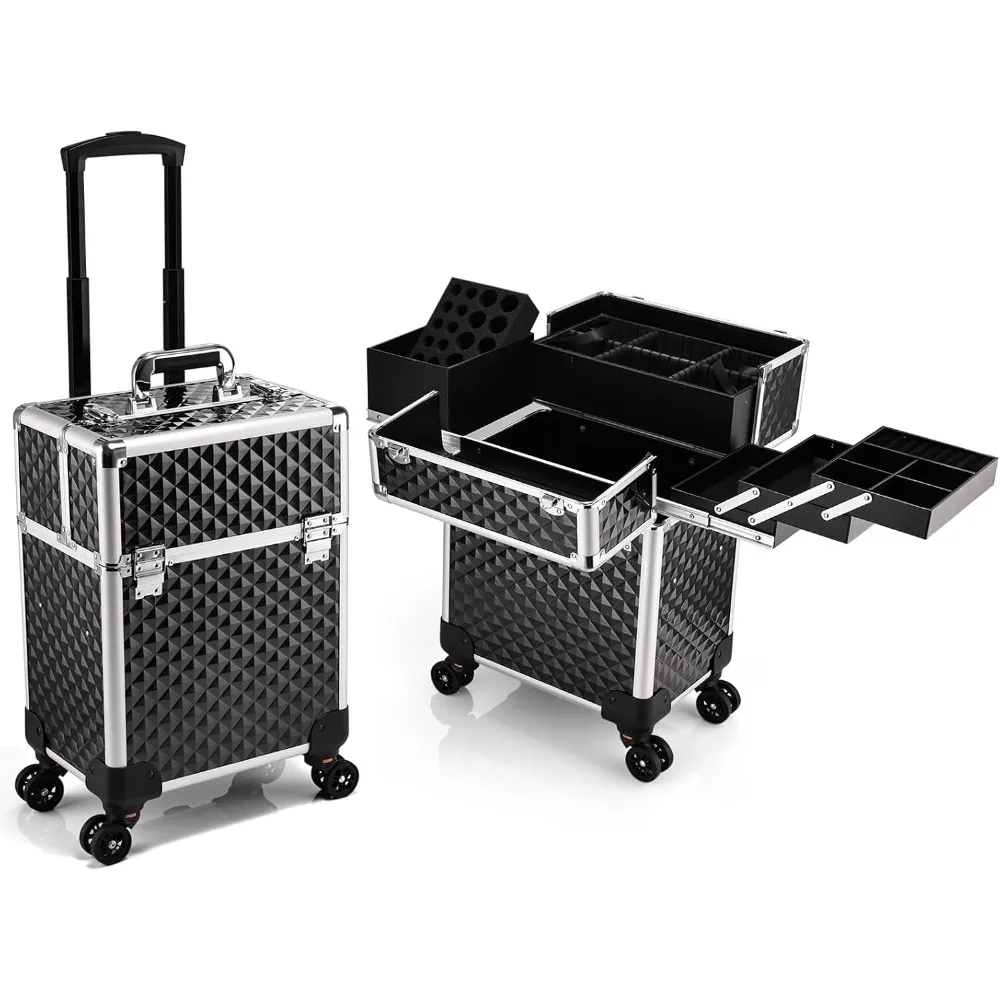 

Чехол для макияжа на колесиках Очень большой чехол для макияжа с 4 лотками и выдвижной направляющей Съемный многослойный косметический чехол на колесах для макияжа