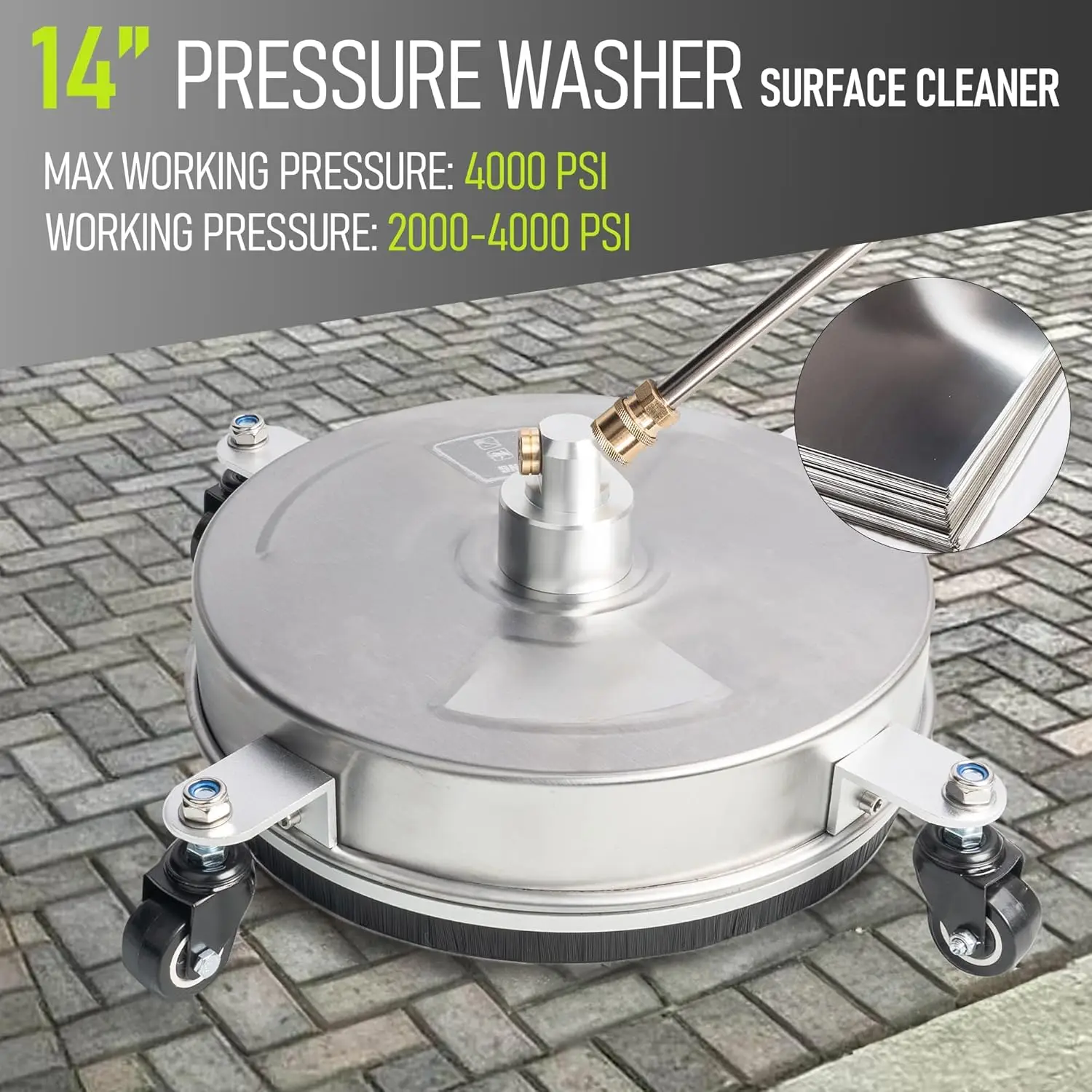 

14" Pressure Washer Surface Cleaner, Stainless Steel Surface Cleaner with 4 Wheels for Concrete, Patio, Sidewalk,Free Shipping